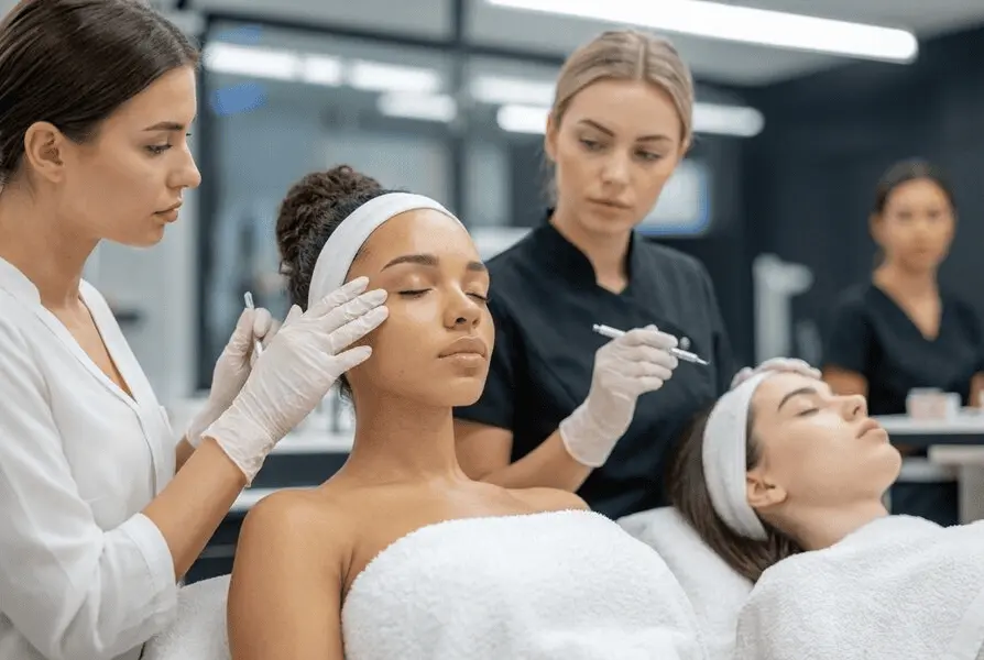 Professionelle Kosmetikschulung an Modell im modernen Unterrichtsraum einer Beauty Akademie für Visagisten