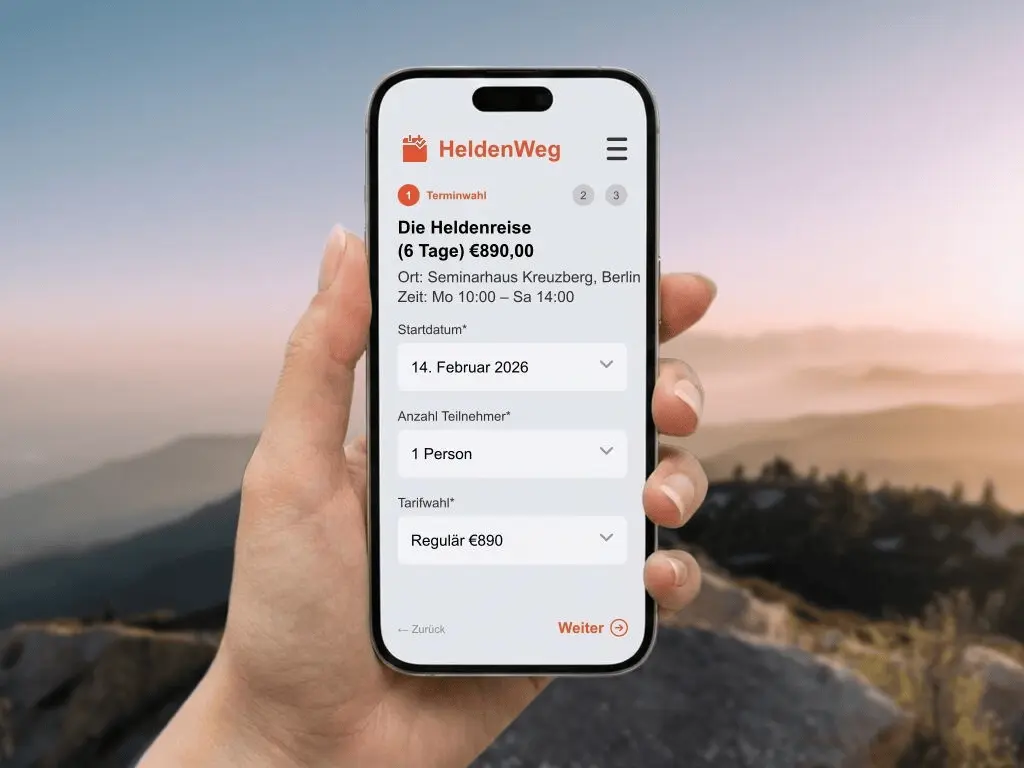 Heldenreise Seminar Online Buchung Ratenzahlung für Retreats und Workshops Anmeldeformular
