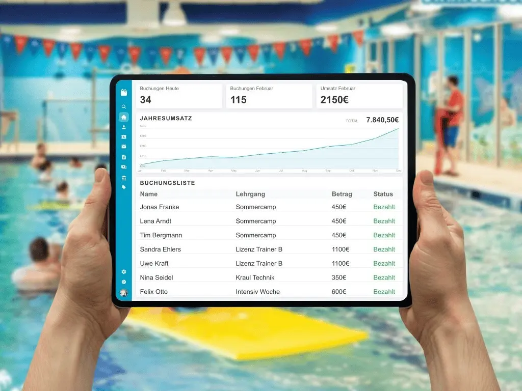 Schwimmabzeichen Urkunden und digitale Teilnehmerliste für Schwimmlehrer am Beckenrand