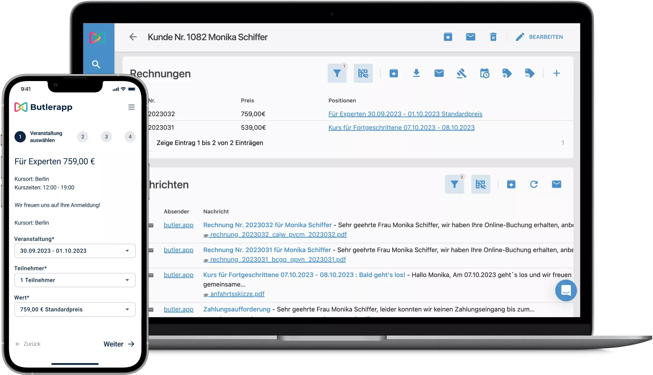 Moderne Software Oberfläche für Seminarverwaltung mit digitalem Buchungskalender und Teilnehmerlisten