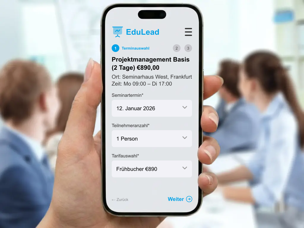 Online-Buchungsmaske für Seminare und Workshops auf einer Website integriert zur automatischen Teilnehmeranmeldung